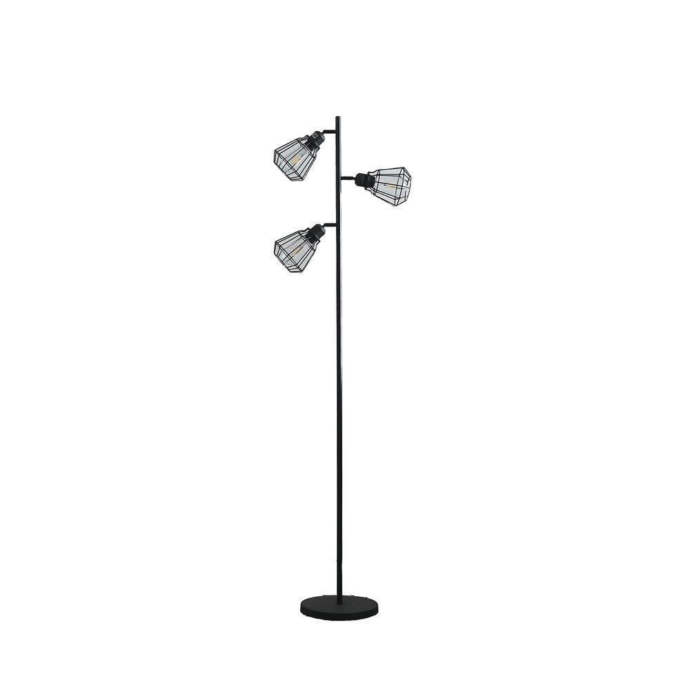 66" Black Metal Three Light Tree Floor Lamp With Black Metal Cage Shade. Floor lamp isolated on a plain white background, in a black metal finish.