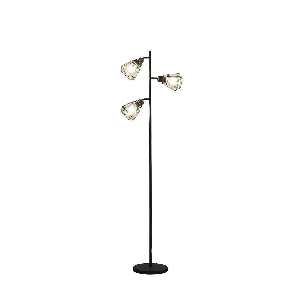 66" Black Metal Three Light Tree Floor Lamp With Black Metal Cage Shade. Floor lamp isolated on a plain white background, showing a black metal surface.