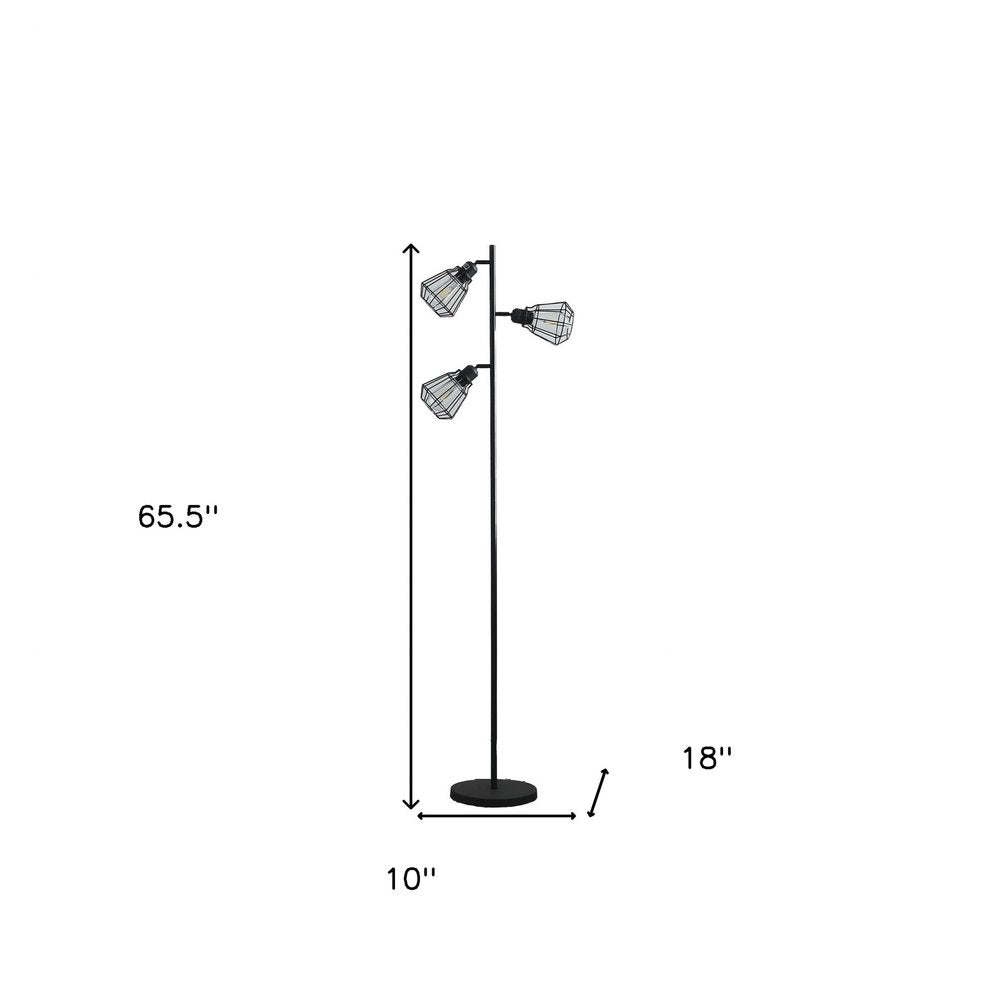 66" Black Metal Three Light Tree Floor Lamp With Black Metal Cage Shade. Floor lamp isolated on a plain white background, showing a metal surface.
