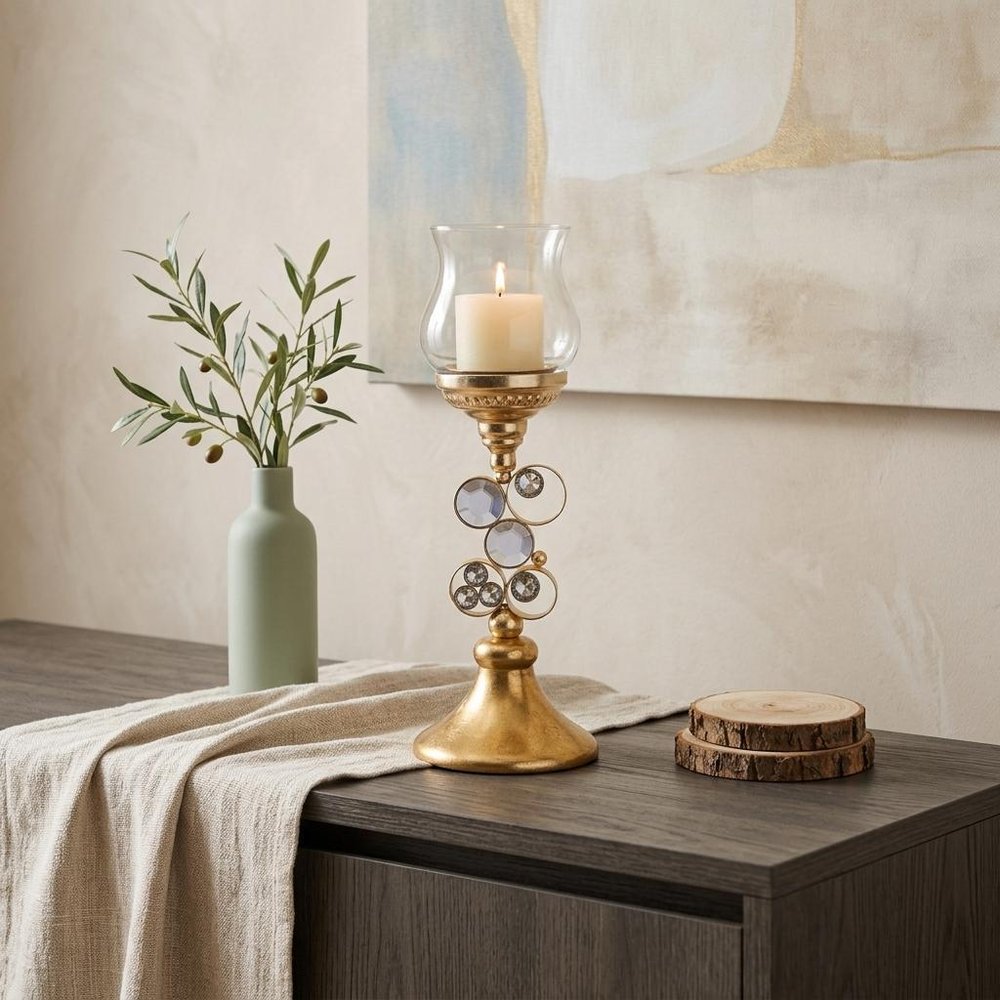 18" Gold and Faux Crystal Bling Tabletop Hurricane Candle Holder