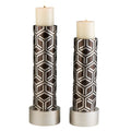 Set Of Two Espresso and Silver Pillar Tabletop Pillar Candle Holders on a white background