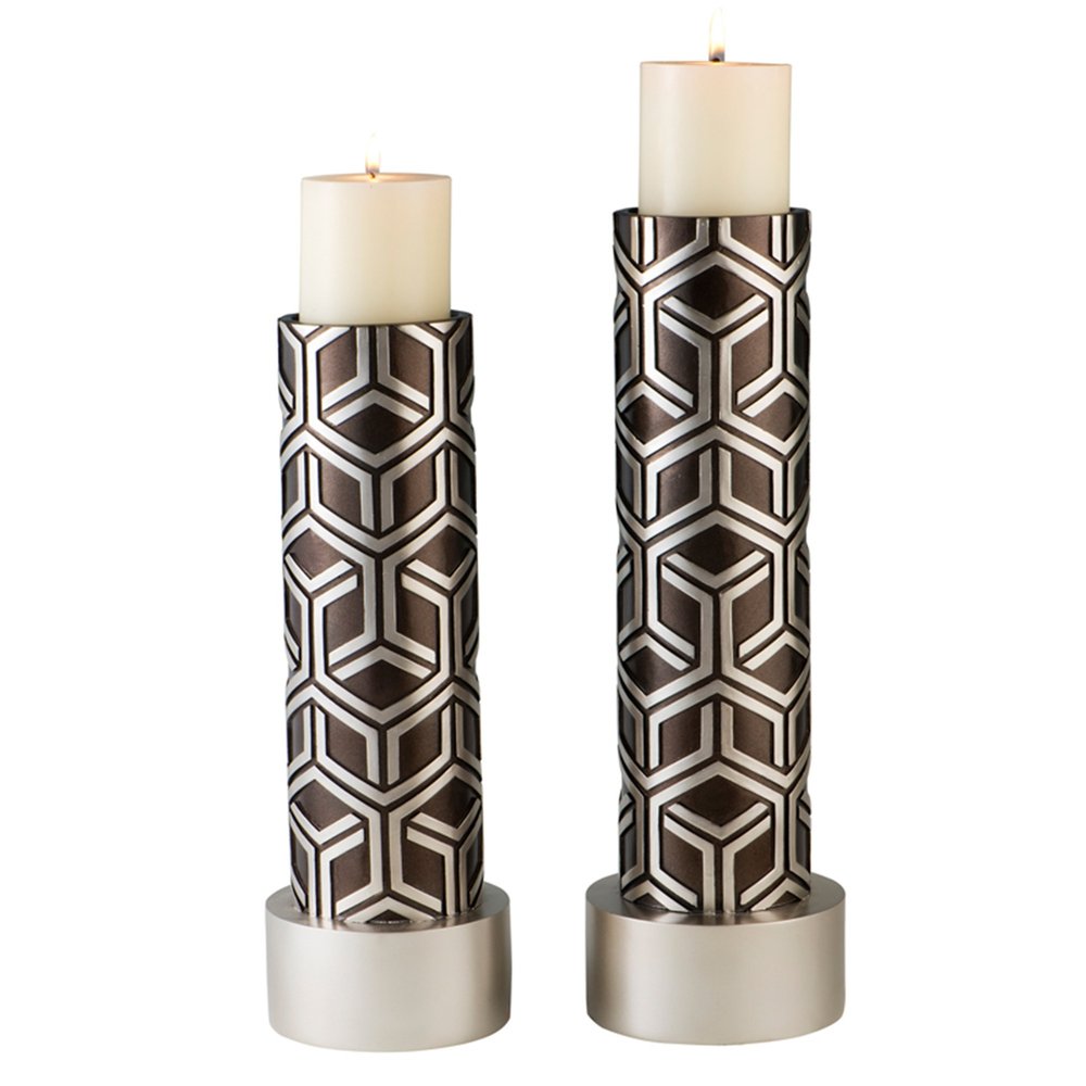 Set Of Two Espresso and Silver Pillar Tabletop Pillar Candle Holders on a white background