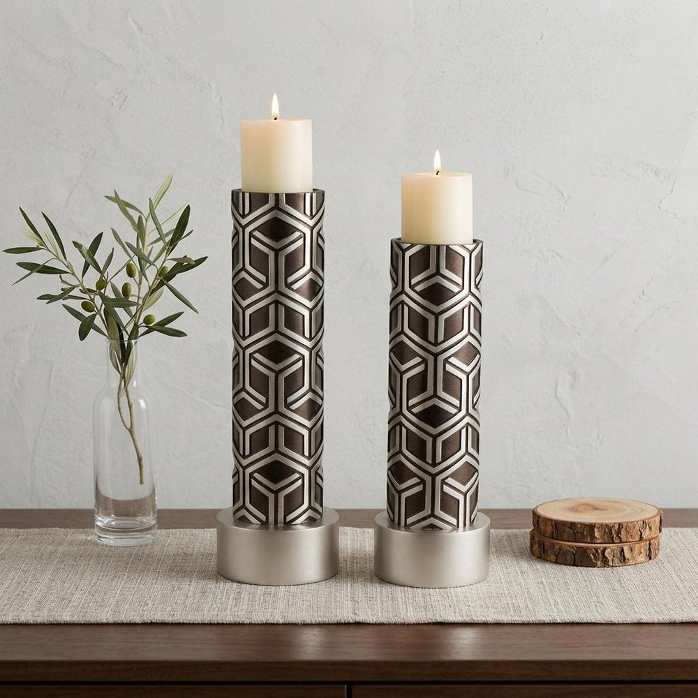 Set Of Two Espresso and Silver Pillar Tabletop Pillar Candle Holders