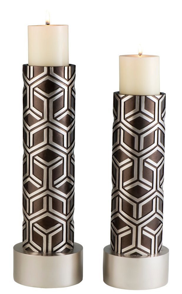 Set Of Two Espresso and Silver Pillar Tabletop Pillar Candle Holders on a white background