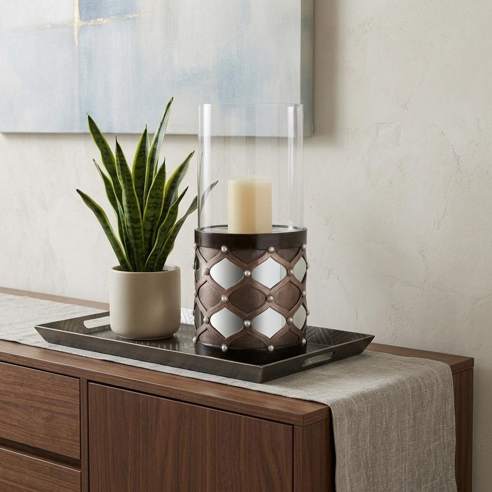 22" Bronze and Silver with Pearls Tabletop Hurricane Candle Holder