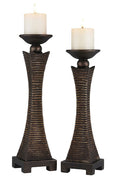 Set of Two Bronze Polyresin Woven Tabletop Pillar Candle Holders With Candle on a white background
