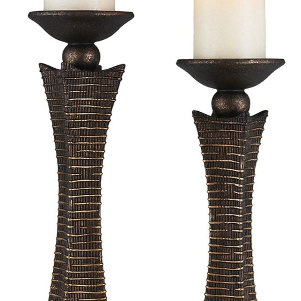 Set of Two Bronze Polyresin Woven Tabletop Pillar Candle Holders With Candle on a white background