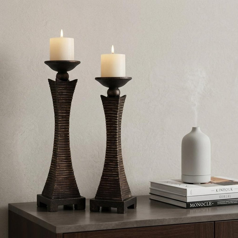 Set of Two Bronze Polyresin Woven Tabletop Pillar Candle Holders With Candle