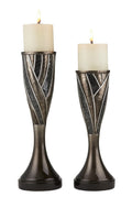 Set of Two Black Silver and Bronze Polyresin Abstract Centerpiece Pillar Candle Holders With Candle on a white background