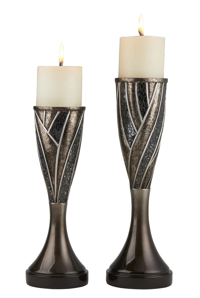 Set of Two Black Silver and Bronze Polyresin Abstract Centerpiece Pillar Candle Holders With Candle on a white background