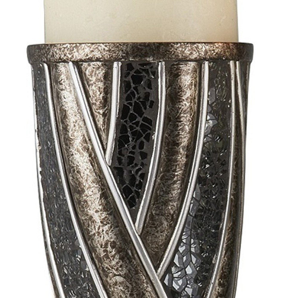 Set of Two Black Silver and Bronze Polyresin Abstract Centerpiece Pillar Candle Holders With Candle on a white background