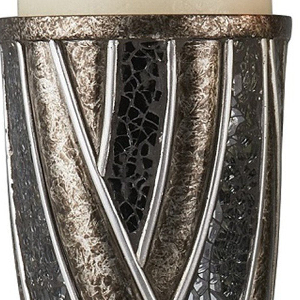 Set of Two Black Silver and Bronze Polyresin Abstract Centerpiece Pillar Candle Holders With Candle close-up detail