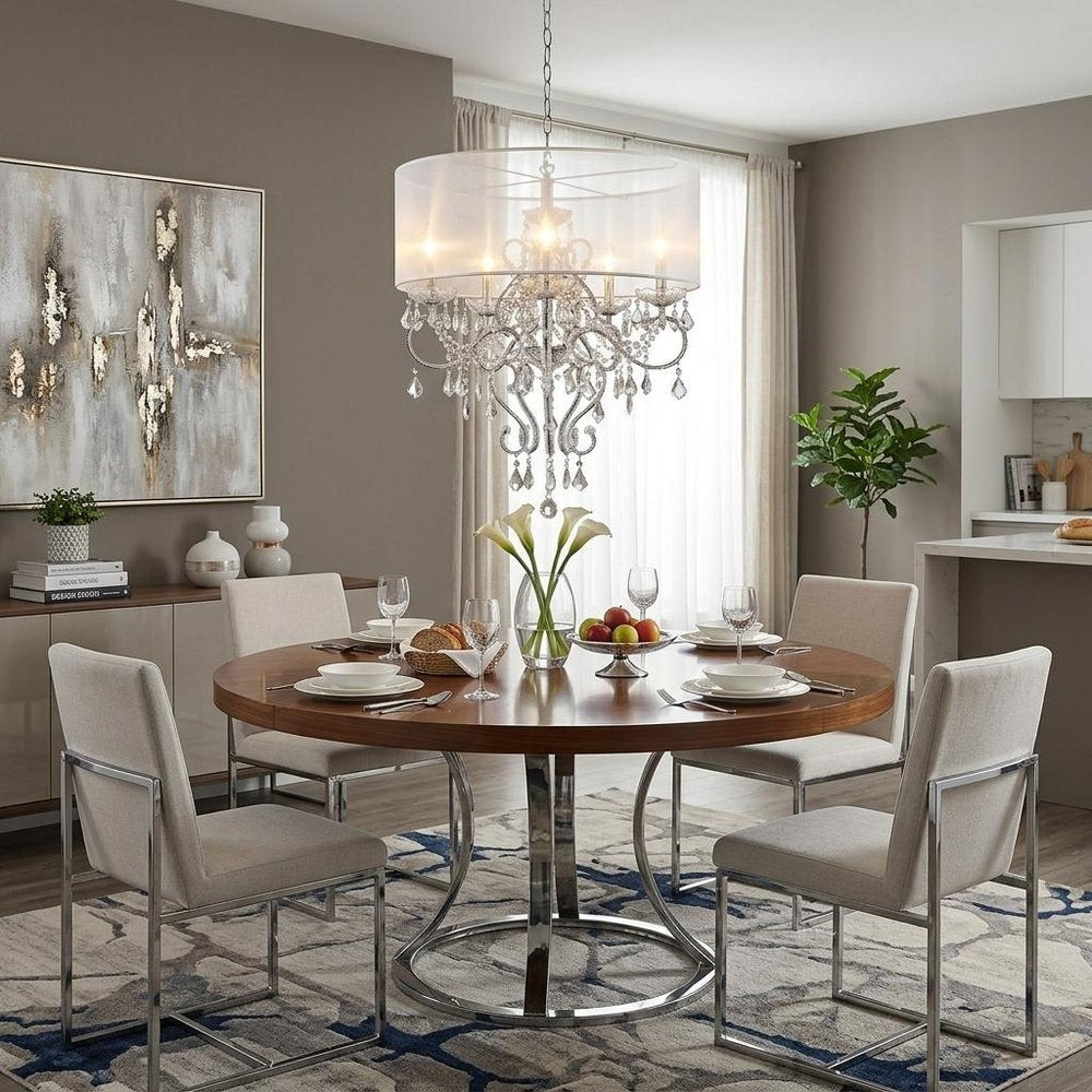 Glam Silver Faux Crystal Hanging Celing Lamp with See Thru Shade in a home interior