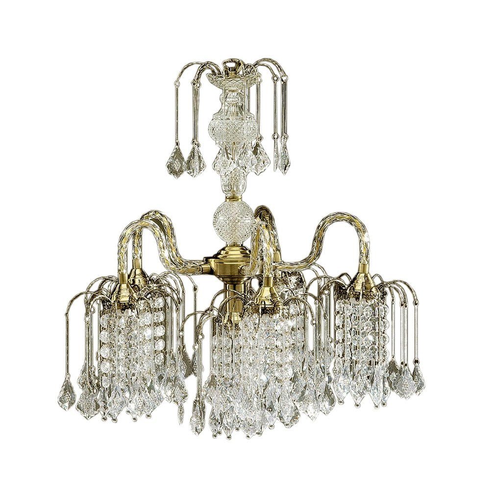 Two Tier Crystal and Brass Hanging Chandelier Light on a white background
