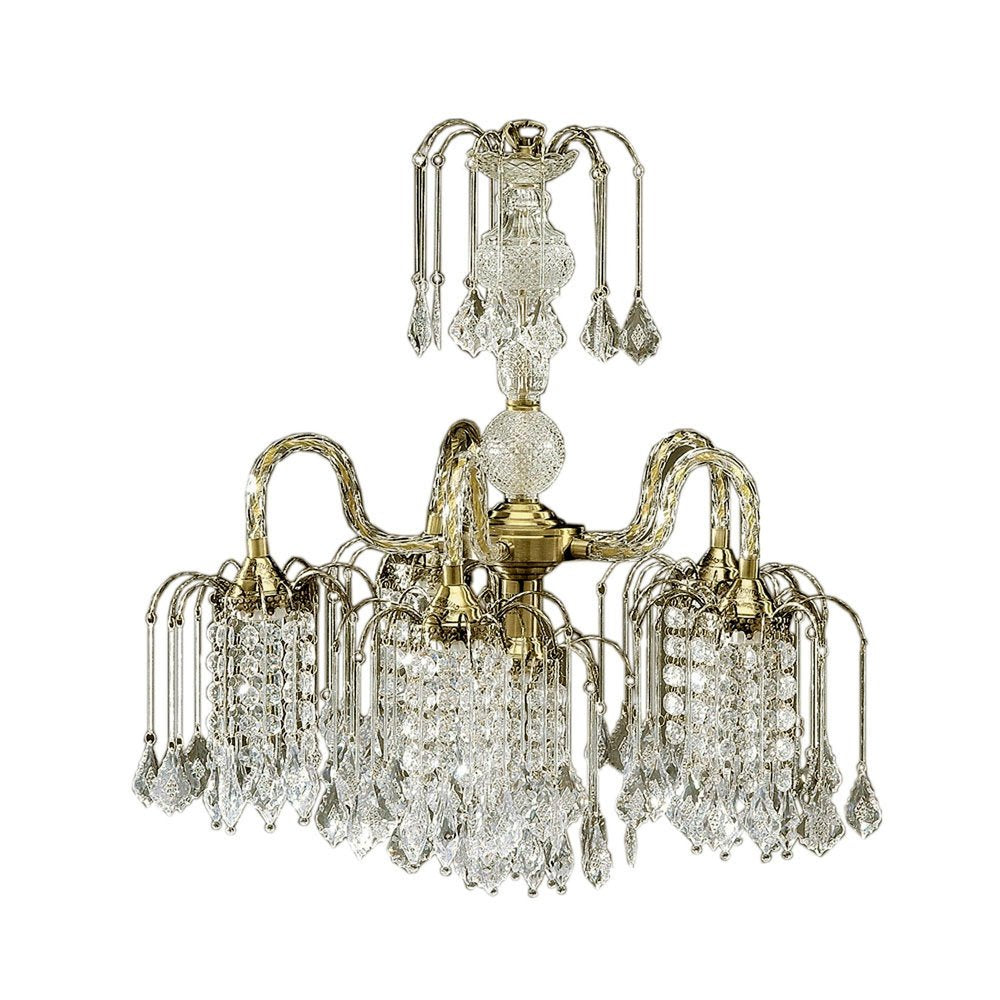 Two Tier Crystal and Brass Hanging Chandelier Light on a white background