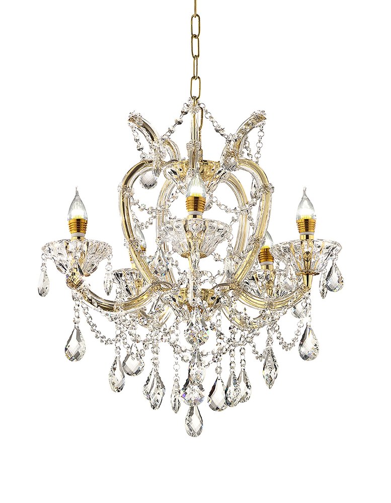 Five Light Glam Gold and Faux Crystal Chandelier on a white background