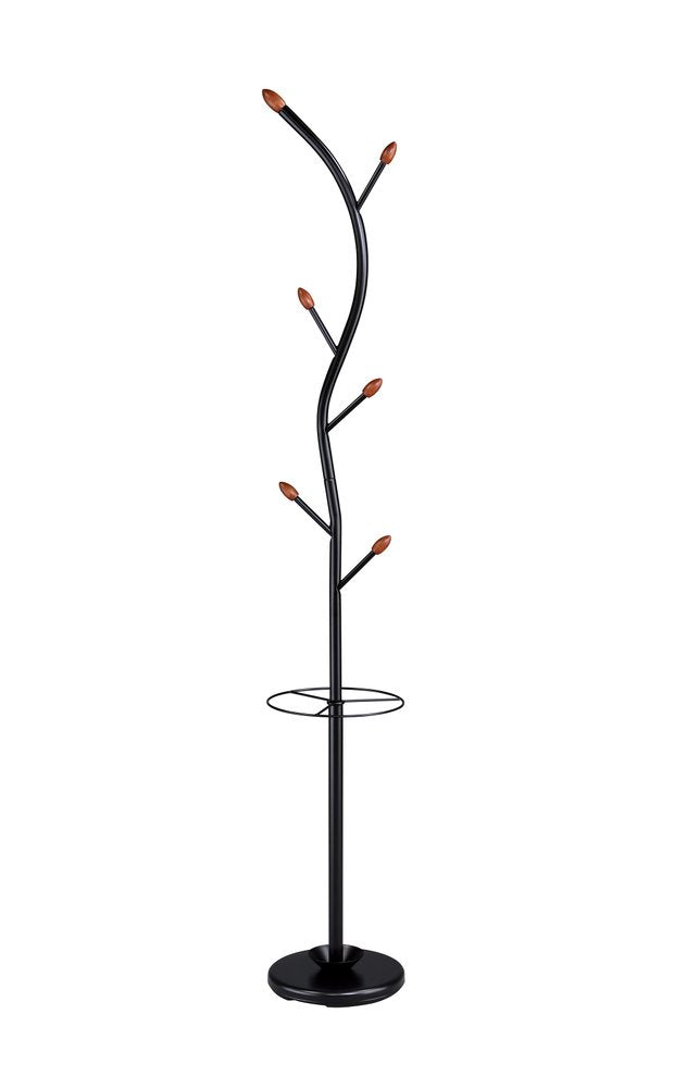 76-Inch-Long Billie Black Tree Coat Rack Walnut Hooks w Umbrella Stand on a white background