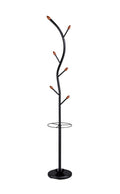76-Inch-Long Billie Black Tree Coat Rack Walnut Hooks w Umbrella Stand on a white background