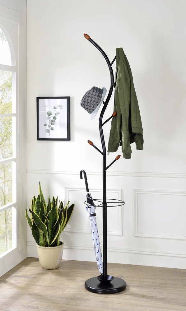 76-Inch-Long Billie Black Tree Coat Rack Walnut Hooks w Umbrella Stand on a white background