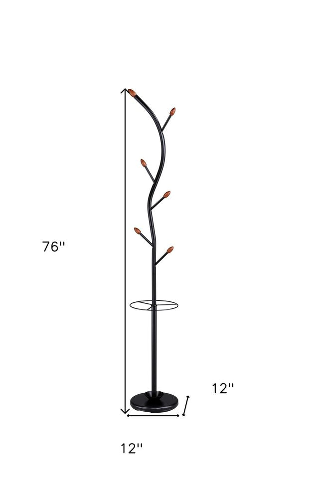 76-Inch-Long Billie Black Tree Coat Rack Walnut Hooks w Umbrella Stand on a white background
