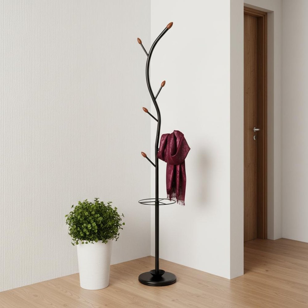76-Inch-Long Billie Black Tree Coat Rack Walnut Hooks w Umbrella Stand in a home interior