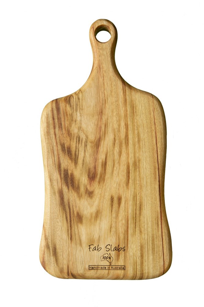 Wooden paddle board with organic edge and handle hole, featuring "Fab Slabs 100% Handmade in Australia" branding on a white background.