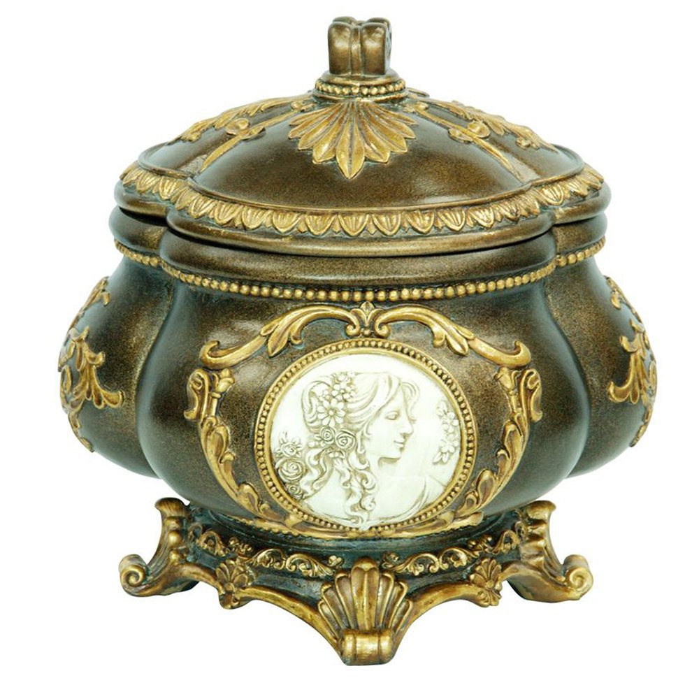 9" Bronze Gold And White Resin Floral Scroll Jewelry Box With Lacquer and High-Gloss Finishes on a white background