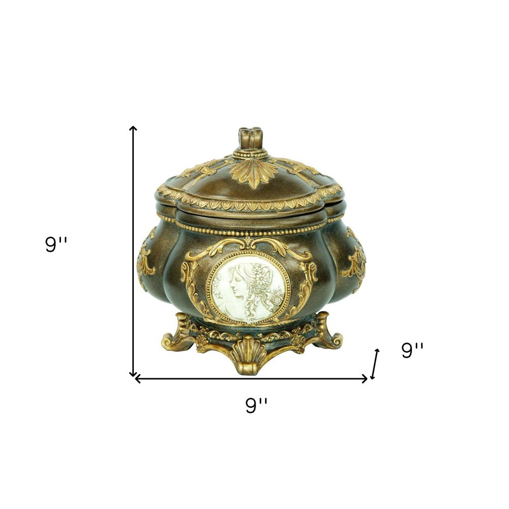9" Bronze Gold And White Resin Floral Scroll Jewelry Box With Lacquer and High-Gloss Finishes on a white background