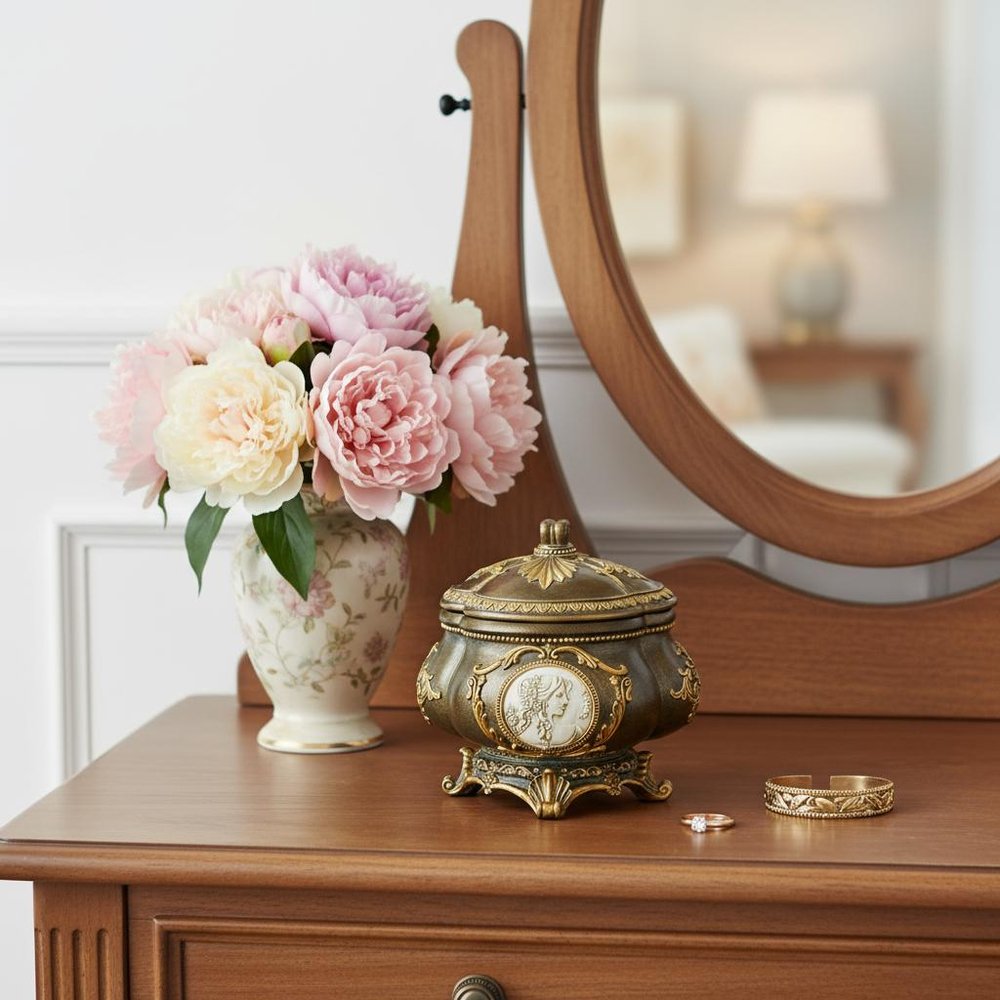 9" Bronze Gold And White Resin Floral Scroll Jewelry Box With Lacquer and High-Gloss Finishes