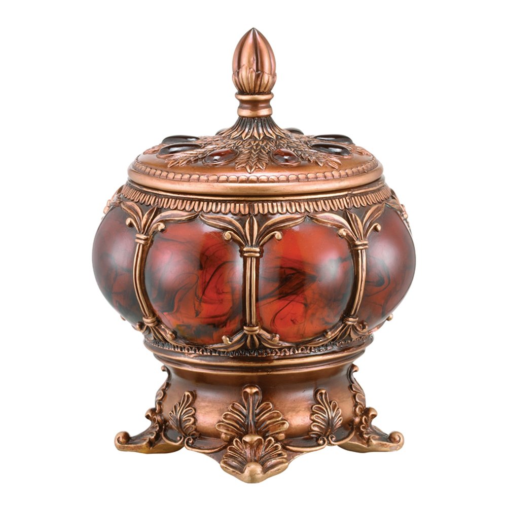Brown and red marbleized resin jewelry box with bronze accents and gemstones on a white background.