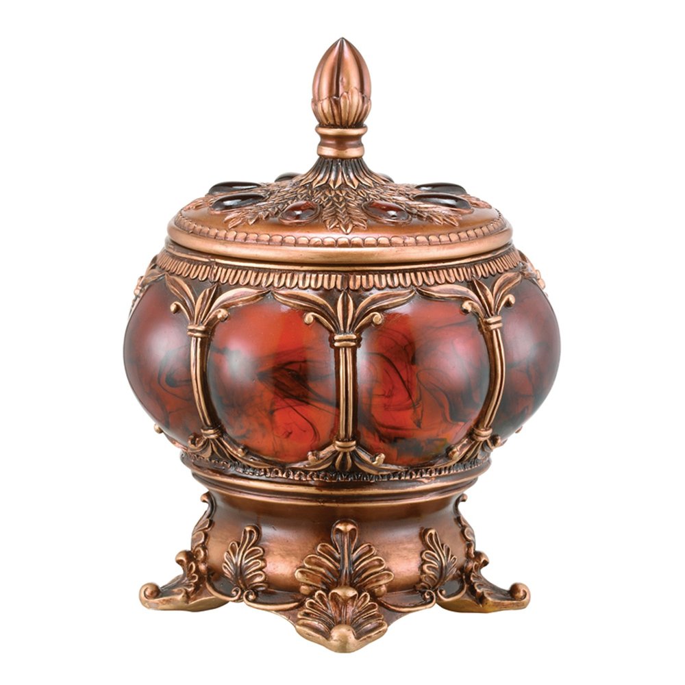 9" Brown Red And Bronze Resin Marbleized Jewelry Box With Gemstones and Crystals on a white background