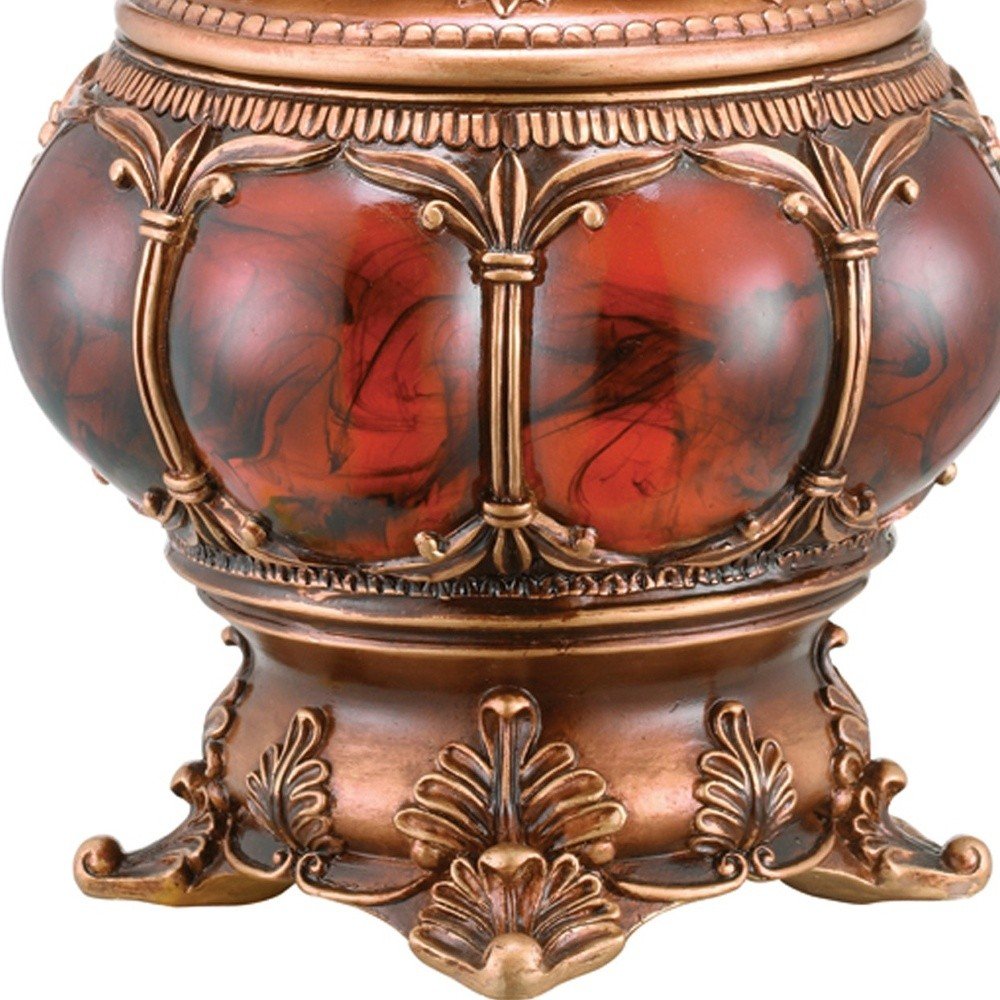 9" Brown Red And Bronze Resin Marbleized Jewelry Box With Gemstones and Crystals on a white background