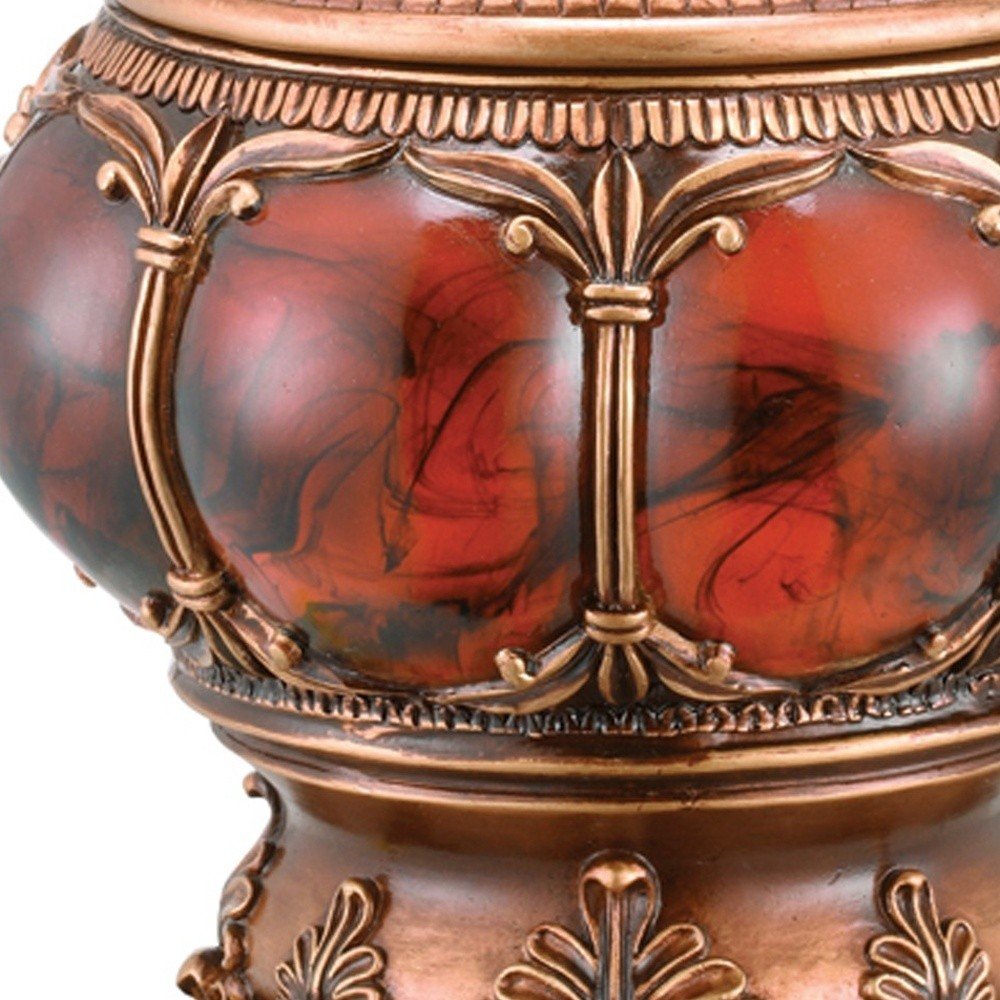 9" Brown Red And Bronze Resin Marbleized Jewelry Box With Gemstones and Crystals close-up detail