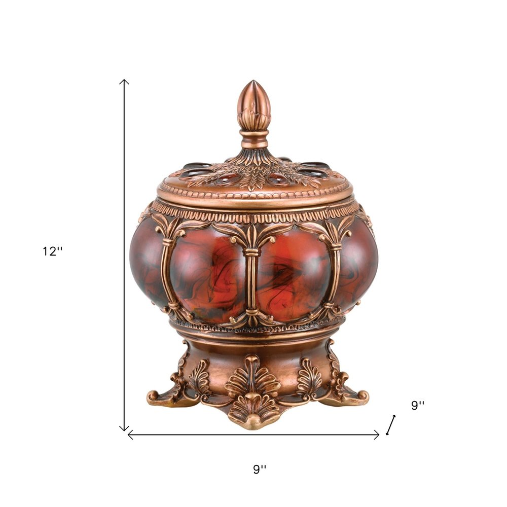 9" Brown Red And Bronze Resin Marbleized Jewelry Box With Gemstones and Crystals on a white background