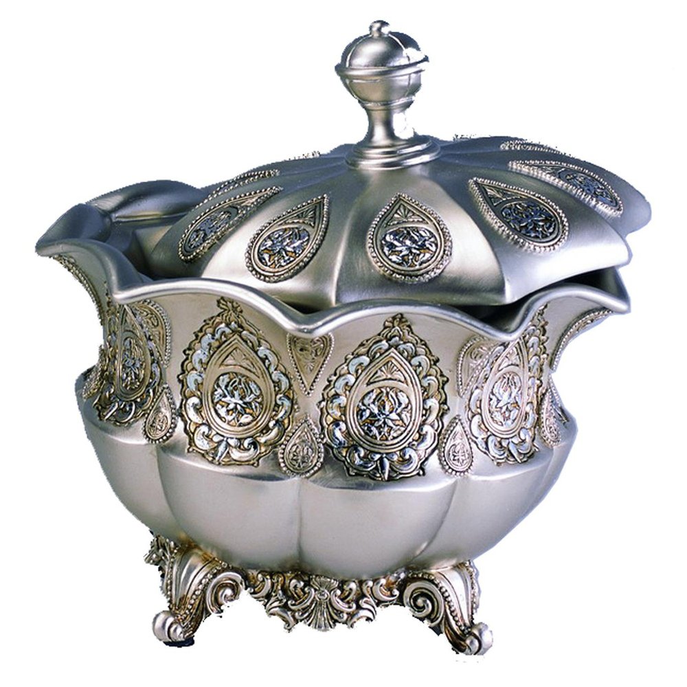 Silver and gold ornate resin jewelry box with intricate scrollwork and a high-gloss finish on a white background.