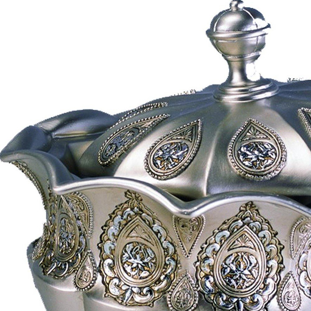 9" Gold And Silver Resin Abstract Scroll Jewelry Box With Lacquer and High-Gloss Finishes on a white background