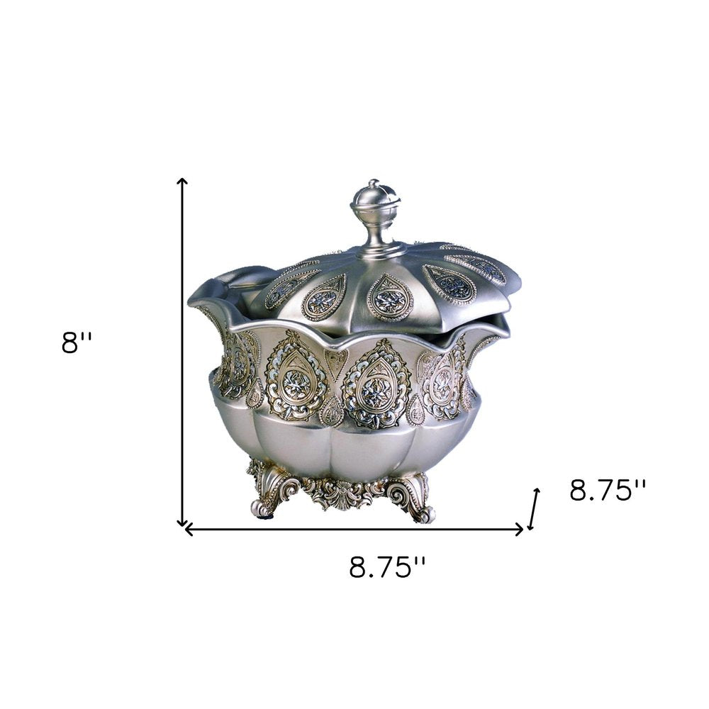 9" Gold And Silver Resin Abstract Scroll Jewelry Box With Lacquer and High-Gloss Finishes on a white background