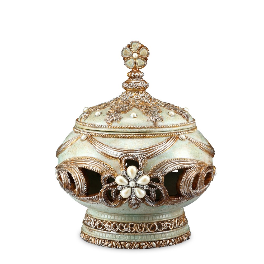 9" Bronze Gold And Light Green Resin Floral Scroll Jewelry Box With Gemstones and Crystals on a white background