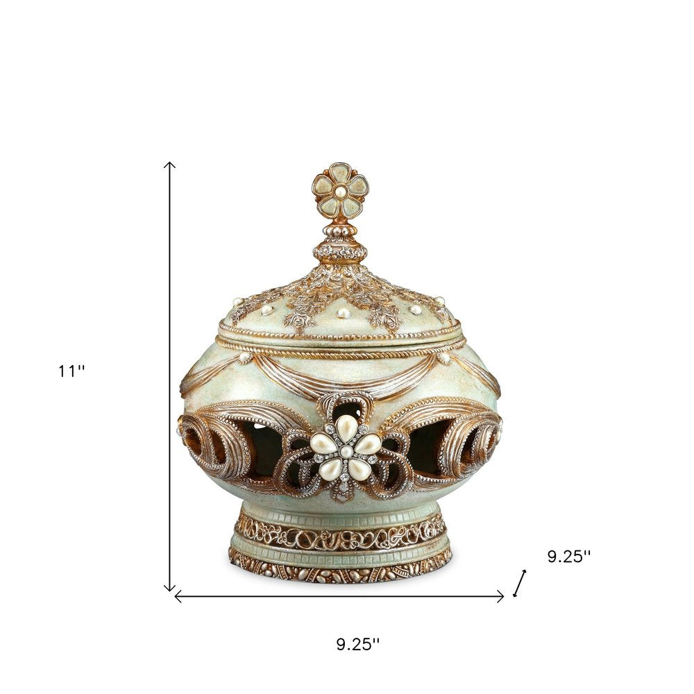 9" Bronze Gold And Light Green Resin Floral Scroll Jewelry Box With Gemstones and Crystals on a white background