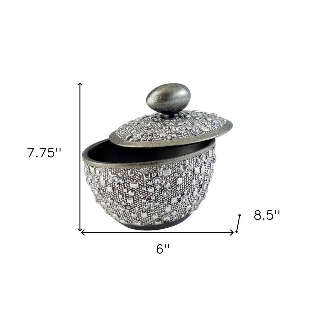 9" Silver Resin Jewelry Box With Gemstones and Crystals