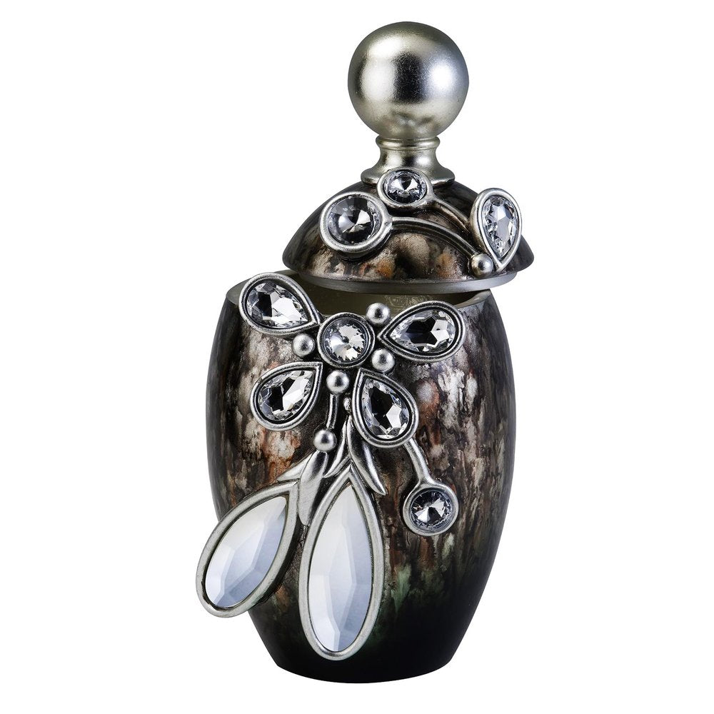 Brown and gold resin jewelry box with silver floral scrollwork and clear gemstones, on a white background.