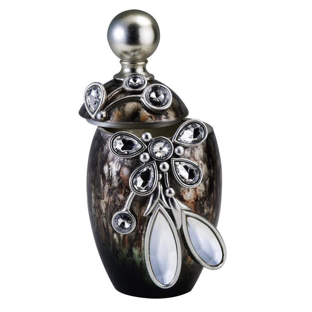 6" Brown Gold And Silver Resin Floral Scroll Jewelry Box With Gemstones and Crystals. Jewelry boxe isolated on a plain white background, in a silver crystal finish.