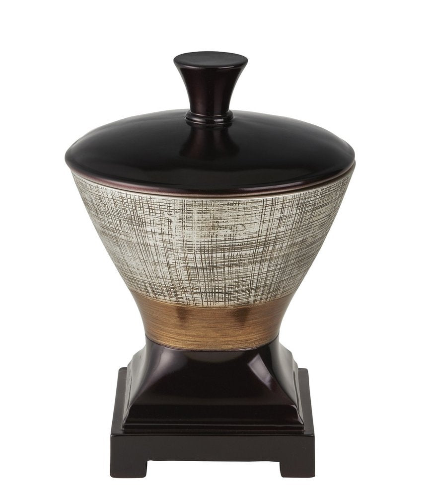 Espresso, gold, and silver resin jewelry box with a striped pattern and hand-painted details on a white background.