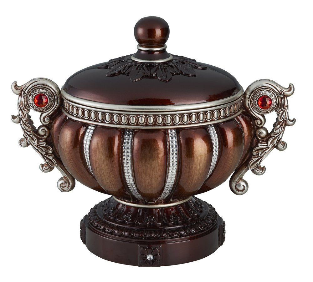 13" Bronze Red And Silver Resin Floral Scroll Jewelry Box With Metal Accents. Jewelry boxe isolated on a plain white background, finished in red metal.