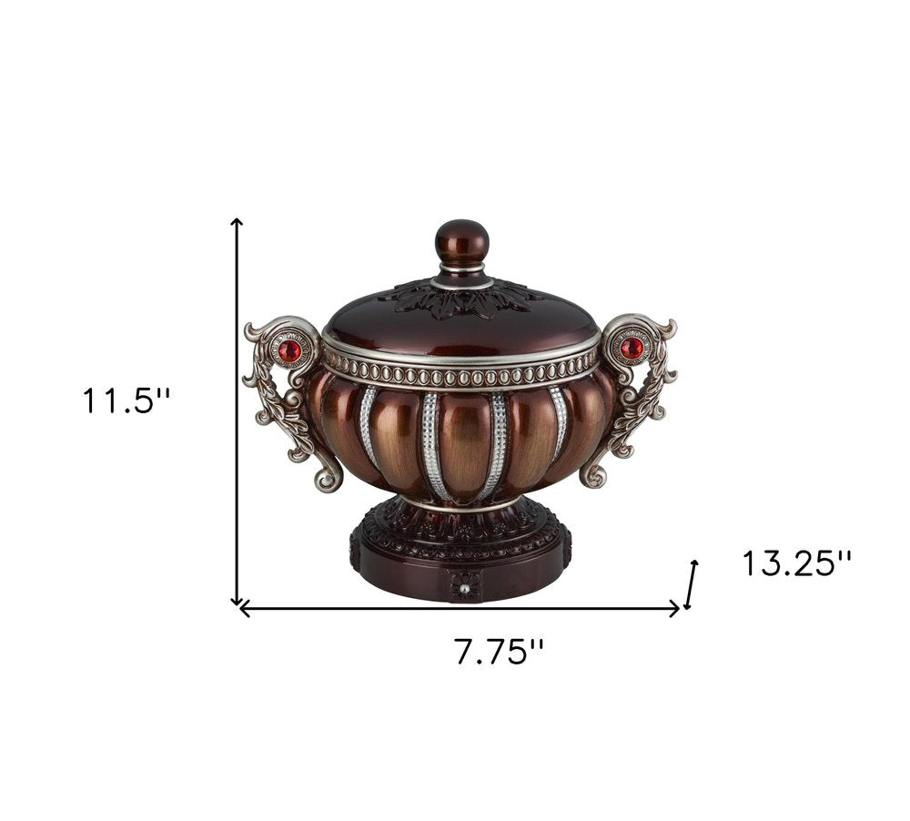 13" Bronze Red And Silver Resin Floral Scroll Jewelry Box With Metal Accents. Jewelry boxe isolated on a plain white background, showing a silver metal surface.