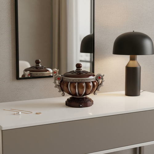 Bronze, red, and silver ornate jewelry box with floral scroll details on a white dresser next to a mirror and lamp.