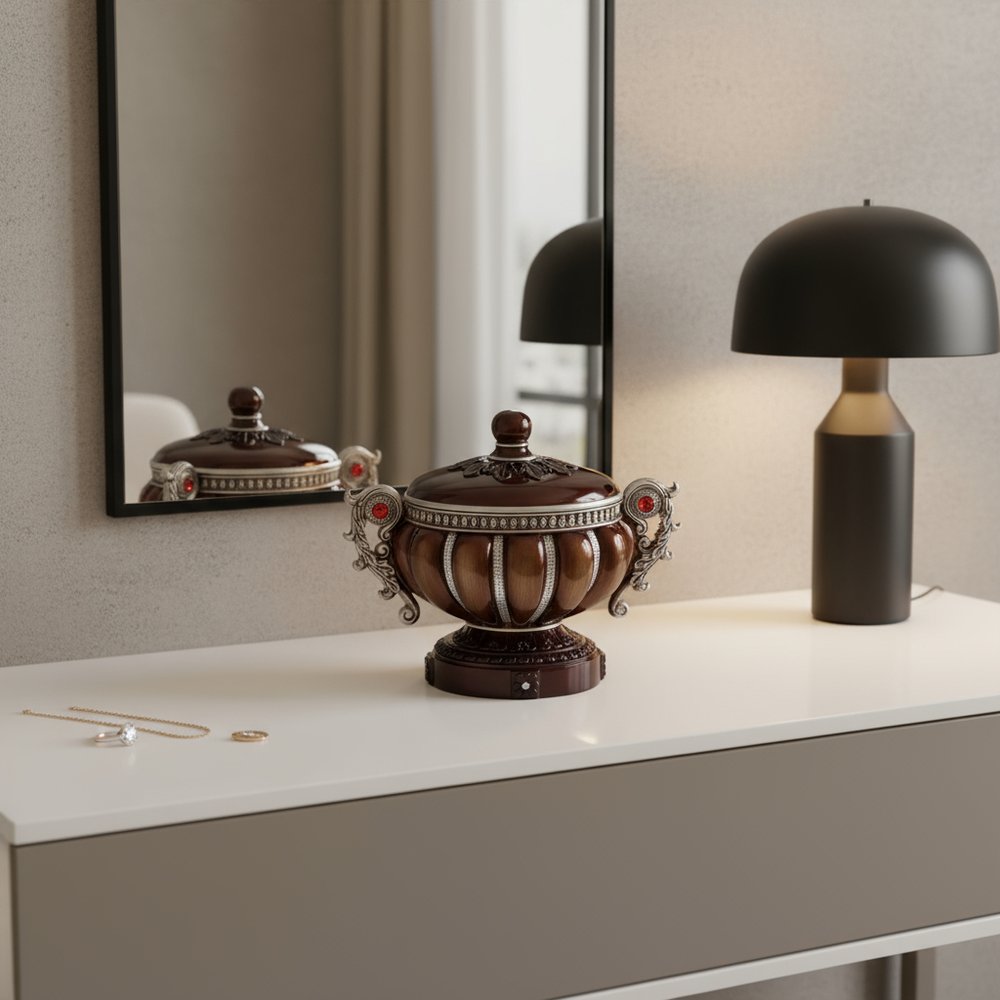 13" Bronze Red And Silver Resin Floral Scroll Jewelry Box With Metal Accents styled in a furnished interior with a tan wall on a wood floor.