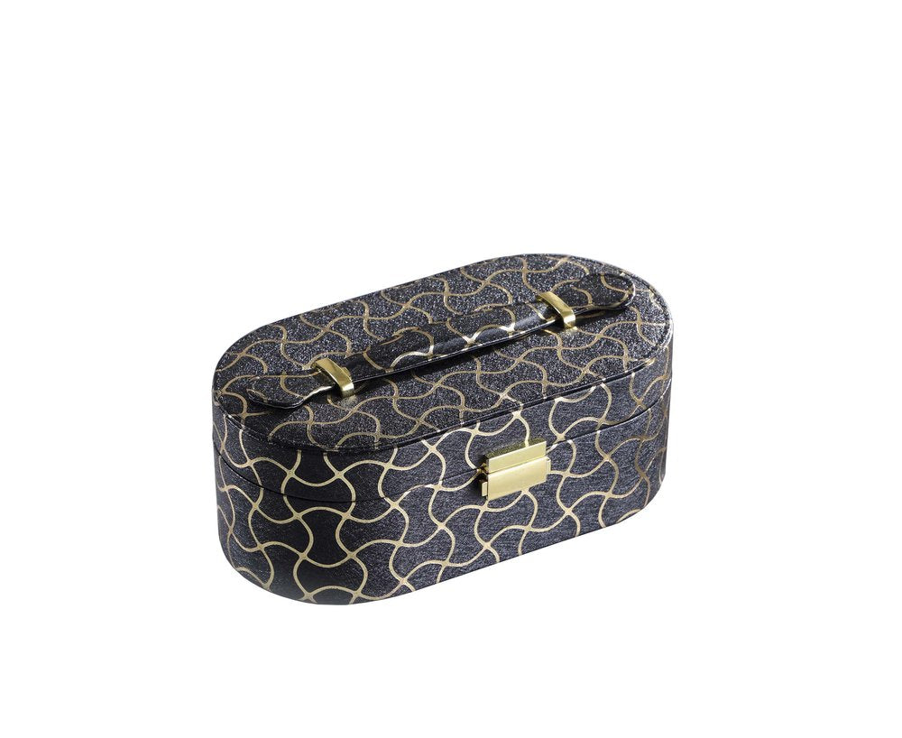 Black and gold faux leather oval jewelry box with abstract scroll pattern and gold hardware, isolated on a white background.