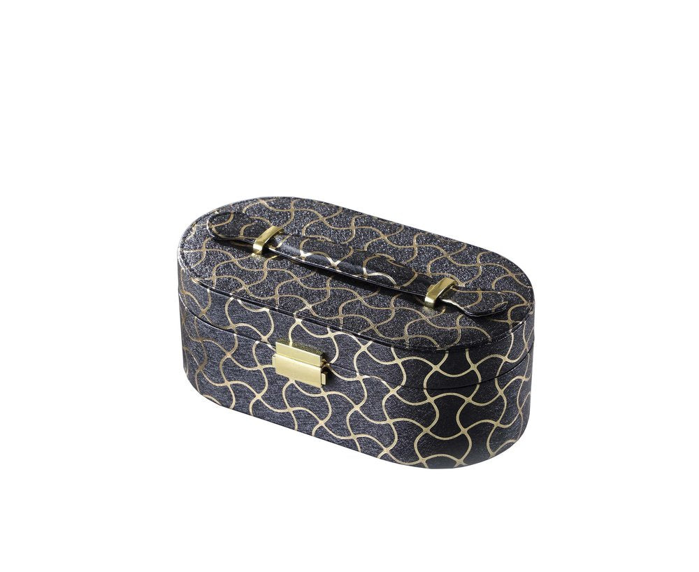 10" Black And Gold Faux Leather Abstract Scroll Jewelry Box Travel Case With Mirror. Jewelry boxe isolated on a plain white background, showing a black faux leather surface.