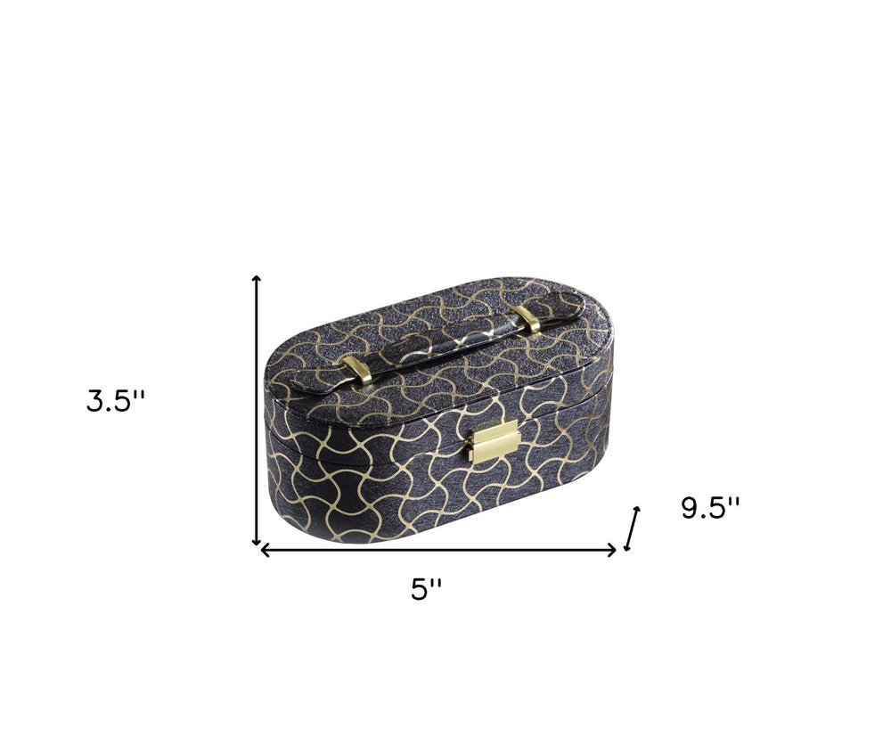 10" Black And Gold Faux Leather Abstract Scroll Jewelry Box Travel Case With Mirror. Jewelry boxe isolated on a plain white background, finished in black faux leather.